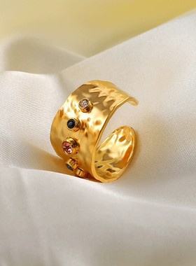 欧美INS网红同款彩色锆石水晶宽带珠宝女士不锈钢18K镀金个性戒指