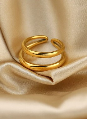 欧美INS网红摩登别致钛钢双层戒指防水首饰18K镀金不锈钢指环戒指