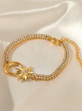 欧美摩登14K镀金星星月亮不锈钢手链女ins风气质百搭镶钻钛钢项链