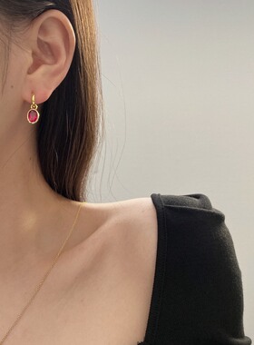 欧美经典设计S925纯银耳钉椭圆红锆石仿红宝石项链耳环锁骨链套装