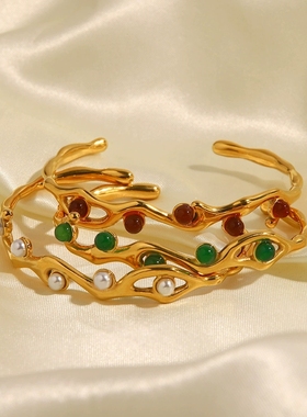 ins法式复古质感系列绿红色天然石/仿珍珠点缀开口不掉色钛钢手镯