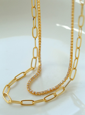 新款双层链条锆石项链颈链女ins时尚简约气质百搭锁骨链