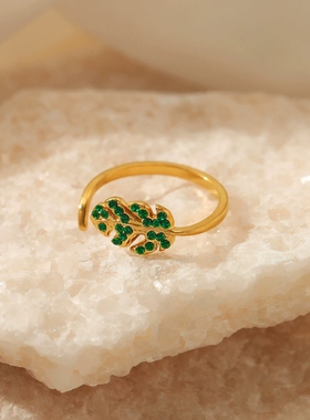 跨境流行树叶镶钻不锈钢戒指欧美摩登小众设计感绿钻可调节指环女