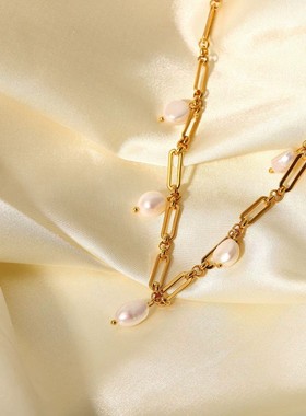 法式复古天然淡水珍珠流苏几何拼接链条项链INS风18K金不锈钢项饰