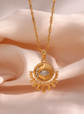 欧美ins摩登个性流行项坠饰品 不锈钢阳光眼睛锆石水滴形吊坠项链