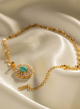 欧美ins风18K不锈钢镶嵌白锆石松花石盘状吊坠项链不掉色小众饰品