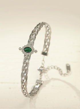 欧美摩登孔雀石镶嵌不锈钢手镯女小众设计流行不掉色气质手环