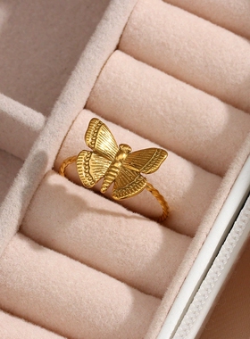 欧美ins摩登流行个性指环饰品 不锈钢镀18K金小众可调节蝴蝶戒指