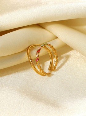 欧美INS新款不锈钢18k镀金珐琅首饰彩色滴油麻花双层异形开口戒指
