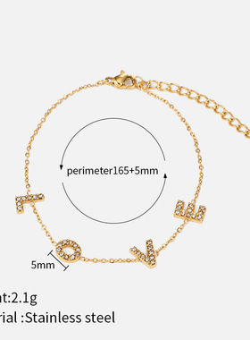 欧美跨境LOVE字母手链纤细镶锆石百搭镀金不锈钢手饰男女款可调节