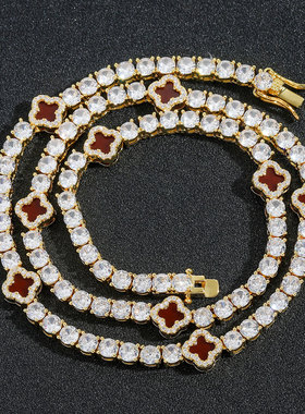 欧美跨境红色四叶草超闪镶钻网球链项链精致长短男女高级感锁骨链