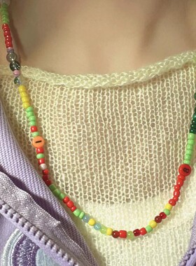 原创设计欧美跨境喜庆大红色系五彩色陶瓷米珠玛瑙锁骨链手链项链