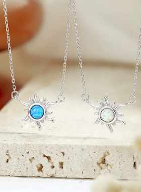 跨境欧美s925纯银欧泊项链女设计感小众太阳图案澳宝吊坠个性混搭