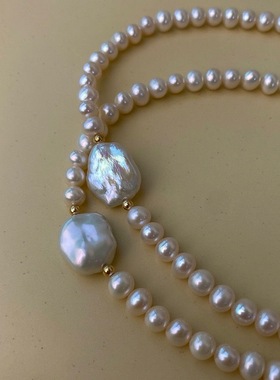 天然淡水珍珠！欧美巴设计款洛克搭配近圆馒头珠珍珠项链锁骨链女