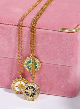 现货轻奢北极星吊坠项链圆牌嵌锆毛衣链八芒星颈链精致铜镀18K金