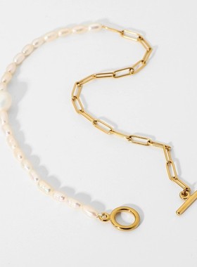 欧美INS不锈钢珍珠缝合首饰套装18K镀金链OT扣天然淡水珍珠项链女