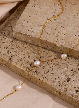 欧美ins时尚简约流行项坠饰品女 小众轻奢不锈钢淡水珍珠Y型链条