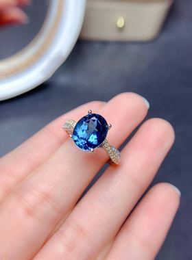 大气天然伦敦蓝925银托帕石戒指