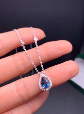 纯银天然深蓝色托帕石水滴项链