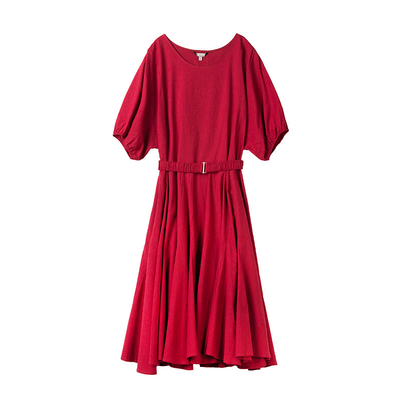 初棉大裙摆纯棉红色收腰连衣裙 初棉连衣裙