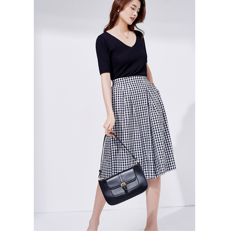初棉纯棉洋气松紧腰黑白女格子裙裤 初棉半身裙
