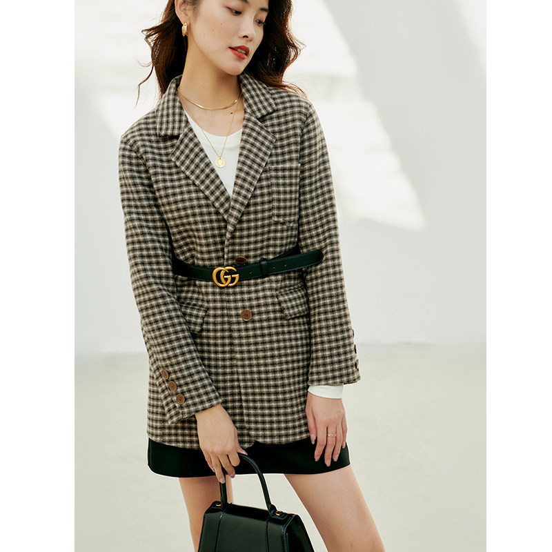 初棉咖色格子外套女短款澳洲羊毛 初棉毛呢外套