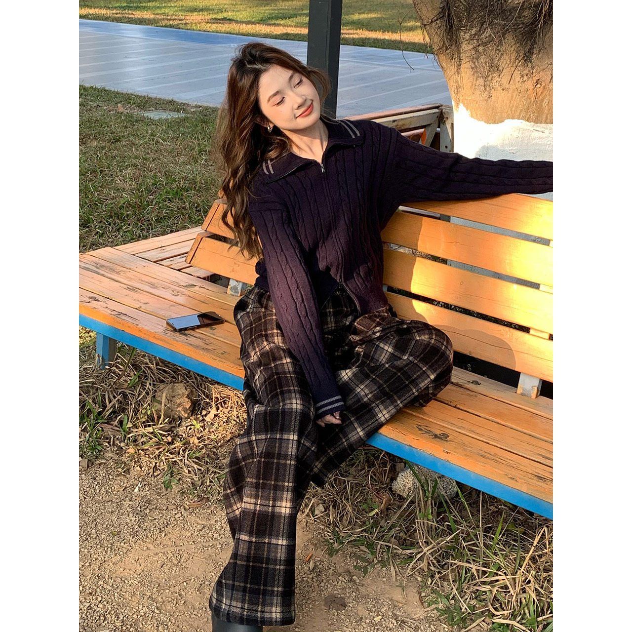 尔给复古撞色翻领麻花针织开衫女冬季新款设计感小个子拉链外套 - 图3