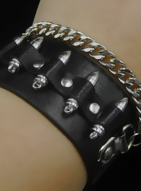 银色子弹头左轮朋克风饰品皮手链