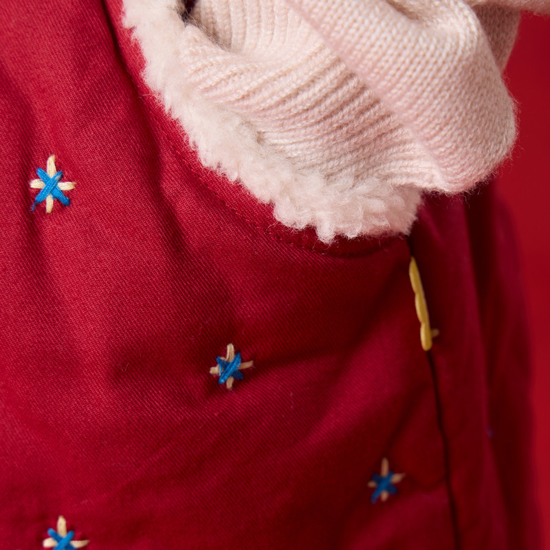 【新品】papa爬爬冬季儿童裙子半身裙松紧腰绣花毛绒口袋可爱新年,淘宝优惠券,粉丝福利购,淘宝优惠卷