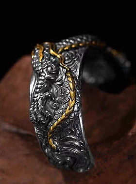 霸气盘龙四海手镯S925银镯子神龙招财复古个性霸气开口手环男女