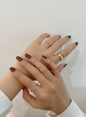 韩国冷淡风素圈戒指小众高级感关节戒几何锆石指环套装手饰女