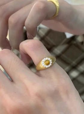 2026新款复古中古风拉丝虎眼石微镶锆石戒指女轻奢小众高级感手饰