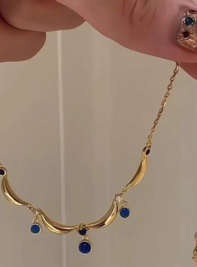 复古宫廷风蕾丝花边蓝水滴吊坠项链女2026新款轻奢百搭新品配饰品