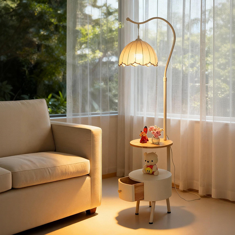 法式奶油风落地灯卧室床头柜一体客厅沙发旁边几置物高级氛围台灯,淘宝优惠券,粉丝福利购,淘宝优惠卷