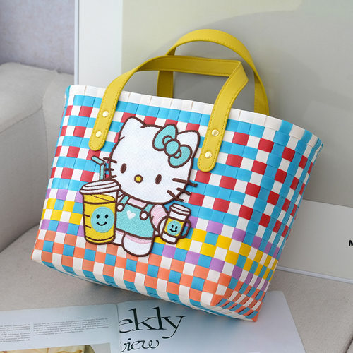 卡通彩色格子kitty猫编织包新款可爱菜篮子手提包百搭上班通勤包 - 图0