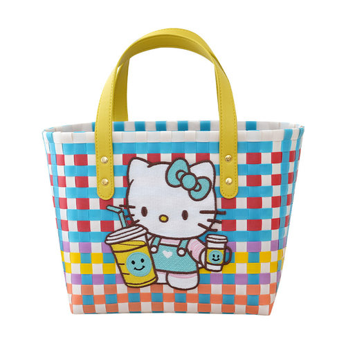 卡通彩色格子kitty猫编织包新款可爱菜篮子手提包百搭上班通勤包 - 图3