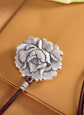 富贵牡丹999足银项链女长款复古民族风毛衣链纯银吊坠立体雕刻