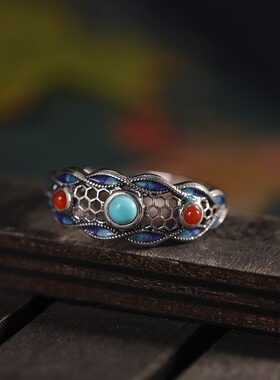 S925纯银麦穗纹松石戒指国风大麦