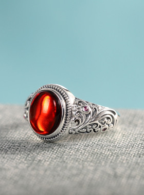 复古时尚925纯银血珀戒指