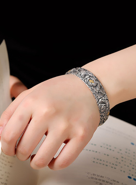 富贵牡丹纯手工足银9999牡丹手镯