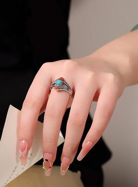 复古做旧925银镶嵌松石南红戒指