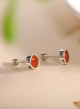 女通体s925银复古精工南红耳钉