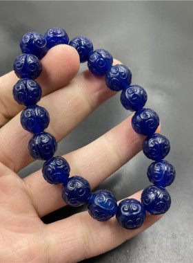 四海玉器 10毫米蓝色回纹雕花玛瑙圆珠手链  男女款小珠子手串