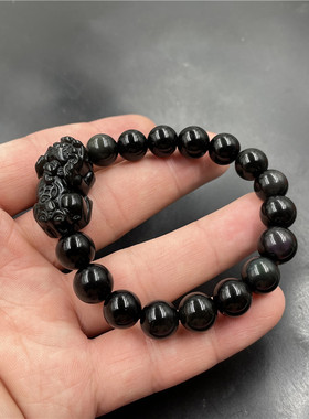 四海玉器 天然黑曜石貔貅手链 男女款黑色玉石貔貅手串 情侣手链