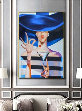 北欧装饰画画芯蓝帽酒杯时尚女郎人物挂画客厅卧室艺术玄关画画心