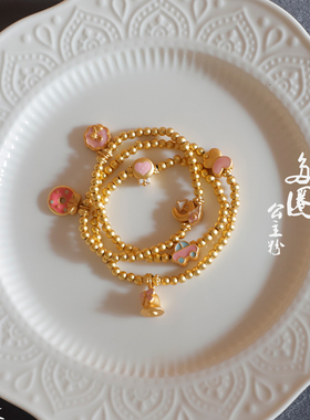 新款热卖磨砂金珠公主粉一路有你珐琅古法沙金配件多圈手链项链女