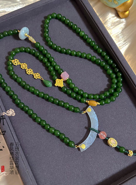 国风新中式复古流苏翡翠弯片貔貅平安扣盐源玛瑙斜跨链叠加项链女