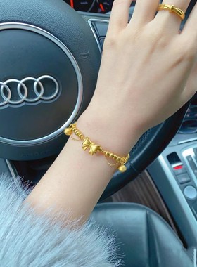 【兔年热卖】磨砂金珠在逃公主蝴蝶结铃铛桃花古法沙金配件手链女