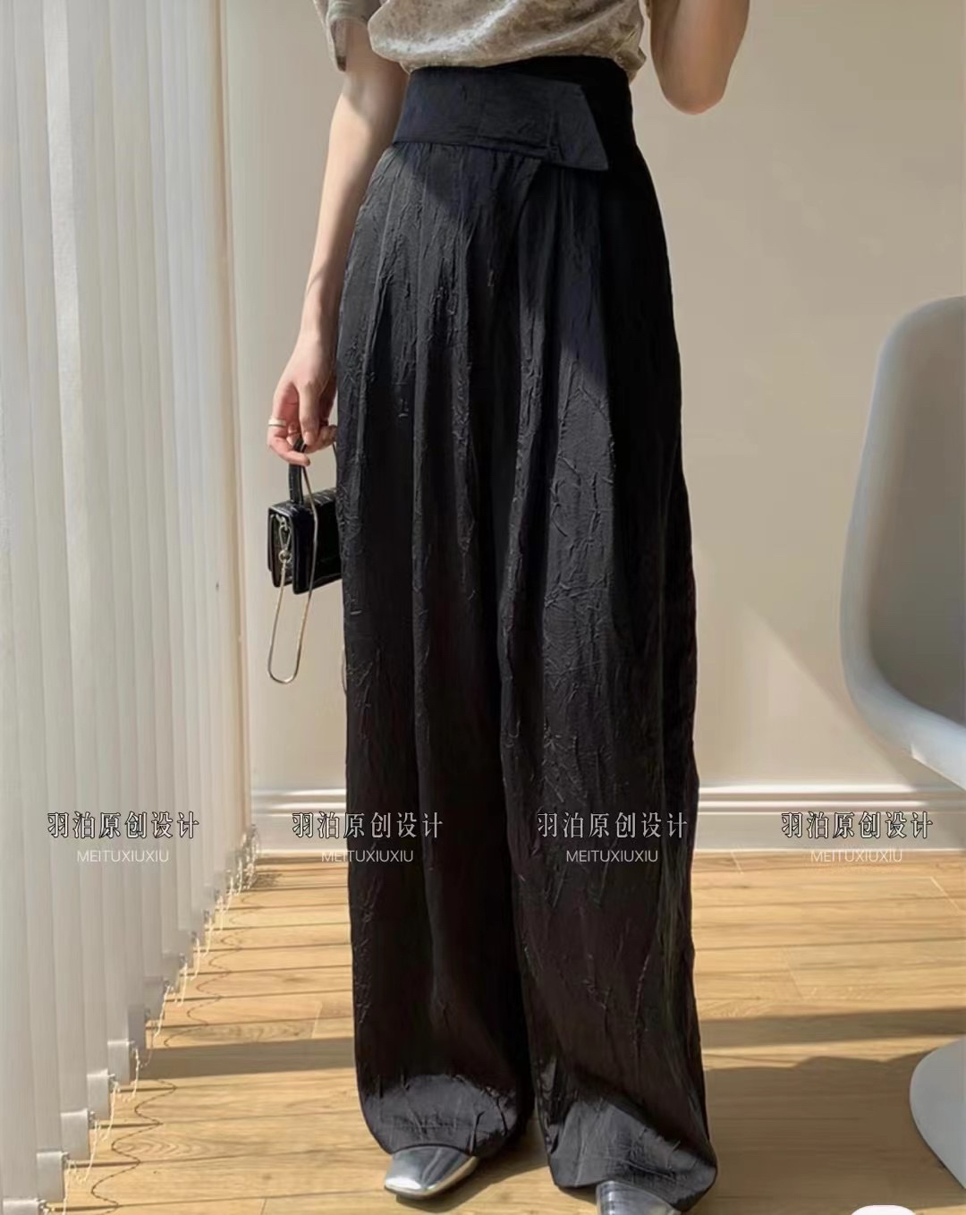 yubo羽泊不规则高腰阔腿裤女新款宽松直筒垂感醋酸褶皱拖地裤子潮 - 图1