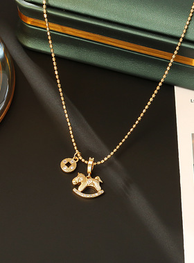 STINA金色币金小马吊坠项链小众